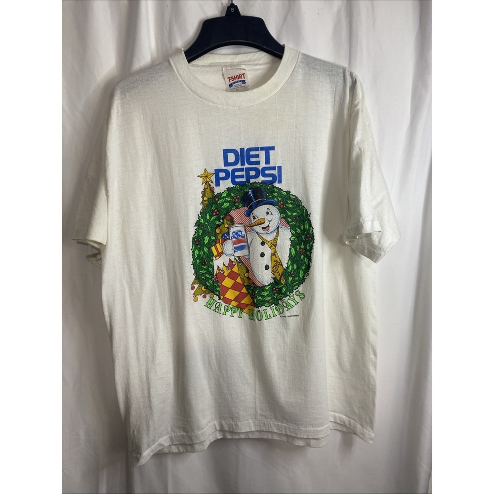 T-Shirt Express Diet Pepsi T-Shirt Mens XL White Good Vintage 1990 Christmas Tee